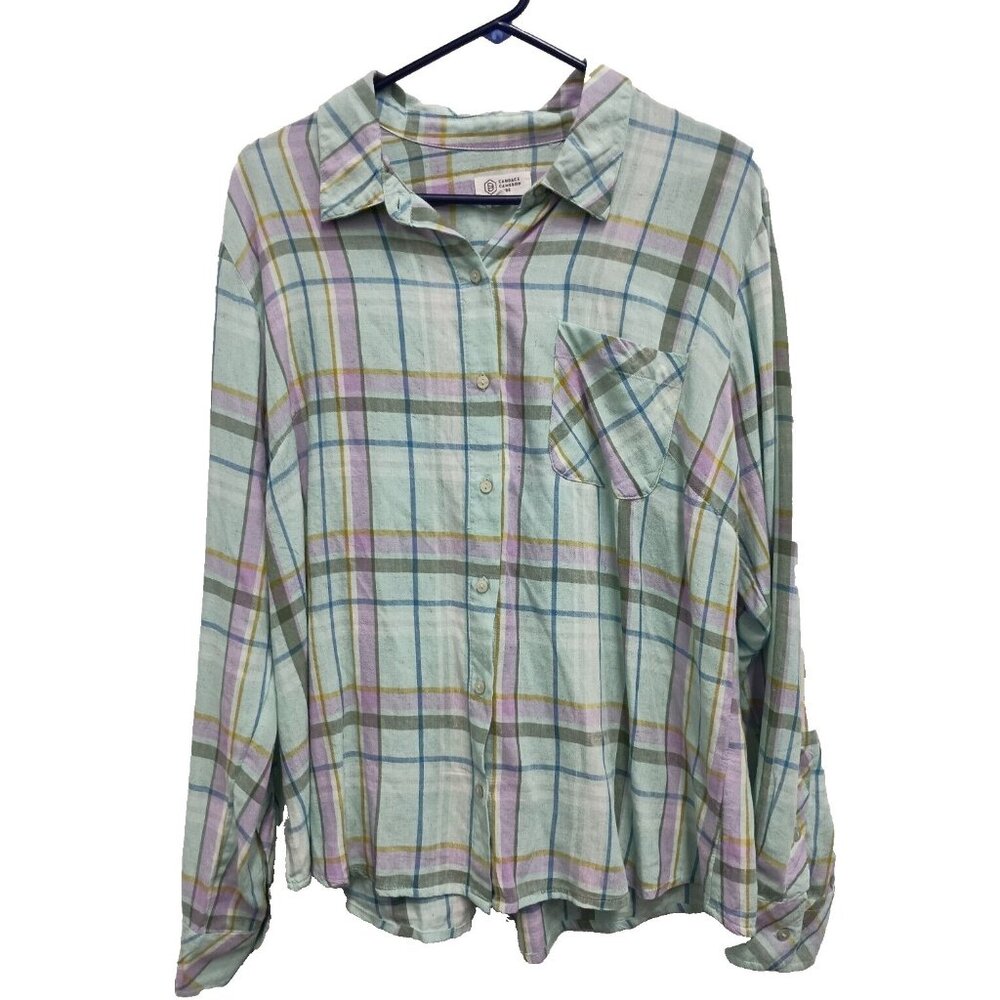 Candace Cameron Bure Shirt Womens Medium Plaid Linen Blend Button Up Long Sleeve